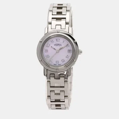 Pre-owned Hermes Pink Shell Stainless Steel Clipper Cl4.210 Quartz Women's Wristwatch 24 Mm