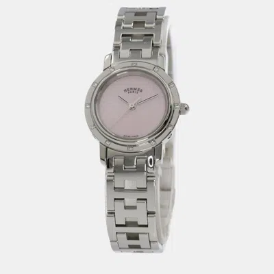 Pre-owned Hermes Pink Shell Stainless Steel Clipper Cl4.230 Quartz Women's Wristwatch 24 Mm