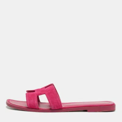 Pre-owned Hermes Pink Suede Oran Flat Slide Sandals Size 38.5