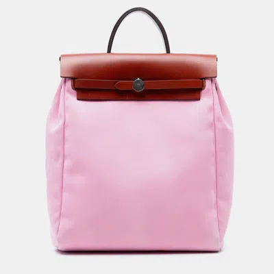 Pre-owned Hermes Pink Toile Herbag Gm Backpack In Brown