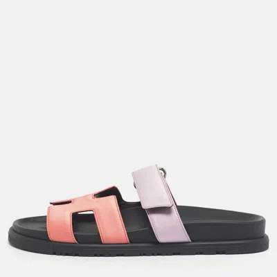 Pre-owned Hermes Hermès Pink/purple Satin Chypre Flat Sandals Size 37.5