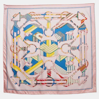 Pre-owned Hermes Hermès Pink/yellow Printed Silk Double Face Tatersale En Zigzag Scarf