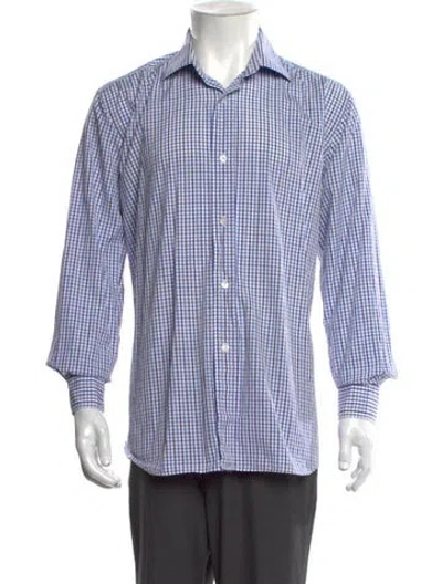 Pre-owned Hermes Plaid Print Long Sleeve Dress Shirt In Blue