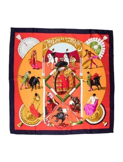 Pre-owned Hermes Plaza De Toros Silk Scarf In Red