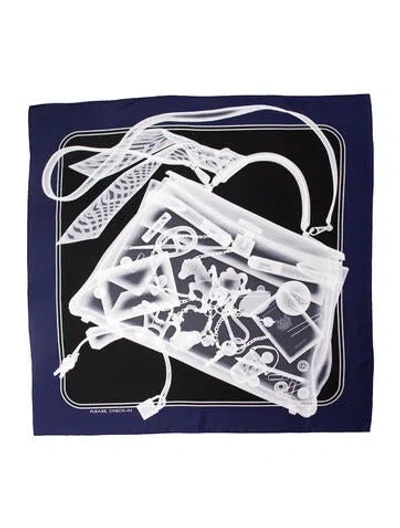 Pre-owned Hermes Please, Check-in Silk Scarf In Blue