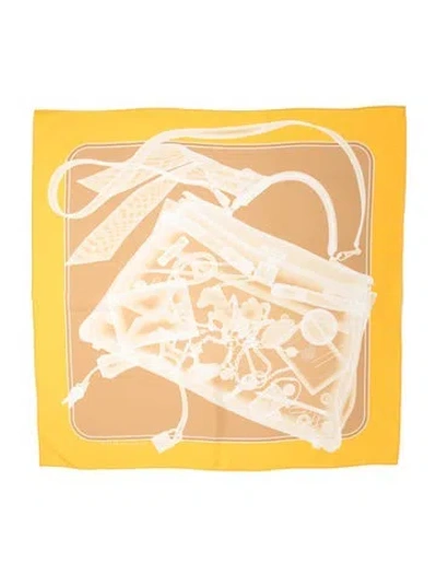 Pre-owned Hermes Please, Check-in Silk Scarf In Yellow