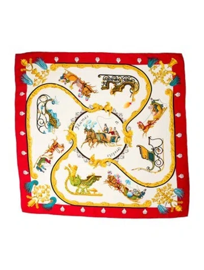 Pre-owned Hermes Plumes Et Grelots Jacquard Silk Scarf In Red