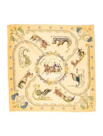 Pre-owned Hermes Plumes Et Grelots Silk Scarf In Yellow