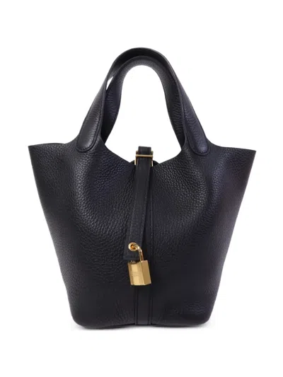 Pre-owned Hermes Pm Picotin Clemence-leather Tote Bag In Black