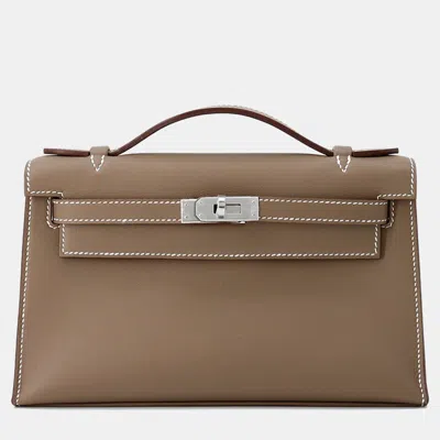 Pre-owned Hermes Pochette Kelly Etoupe Swift Leather Clutch In Brown