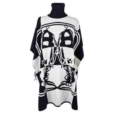 Pre-owned Hermes Poncho Brides De Gala Sweater White / Black Cashmere
