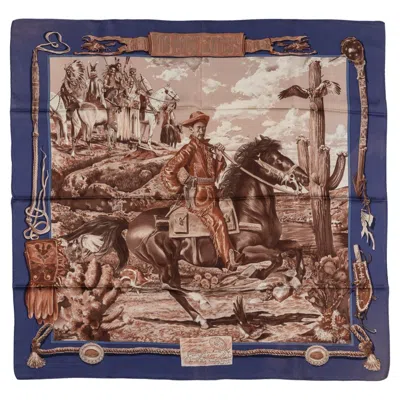 Pre-owned Hermes Hermès "pony Express" Blue Silk Scarf