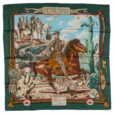 Pre-owned Hermes Hermès " Pony Express" Green Silk Scarf In Box