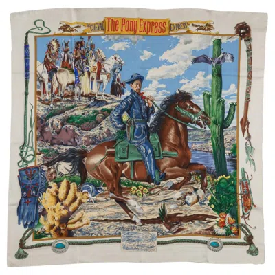 Pre-owned Hermes Hermès "pony Express" Silk Scarf White