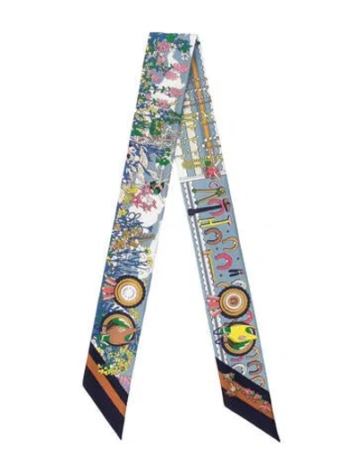 Pre-owned Hermes Pony Pit Stop Silk Twilly Scarf In Blue