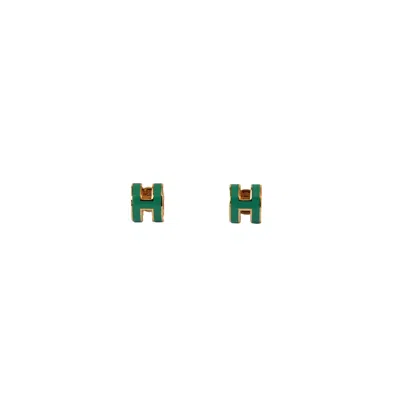 Pre-owned Hermes Pop H Earrings Gold Hardware Green In Os