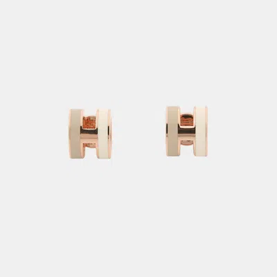 Pre-owned Hermes Pop H Rocabar System White Marron Glace Lacquer Gold Plated Earrings