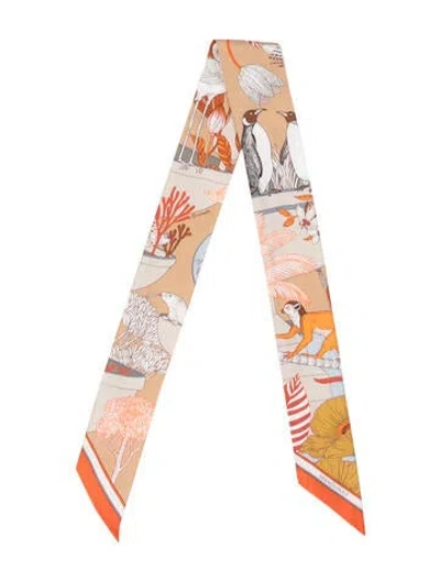 Pre-owned Hermes Precious Paradise Silk Twilly Scarf In Brown