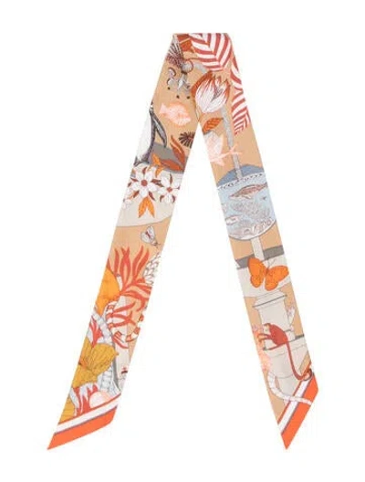 Pre-owned Hermes Precious Paradise Silk Twilly Scarf In Brown