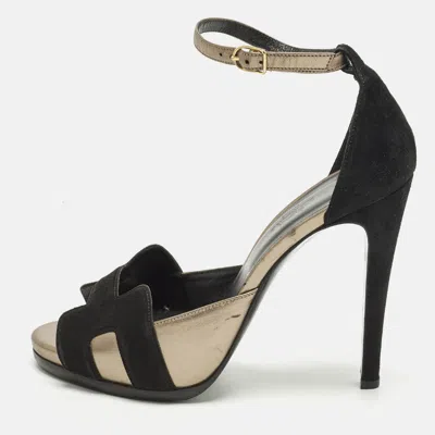 Pre-owned Hermes Premiere 70 Size 39 Black/gold Leather And Suede Ankle Strap Sandals