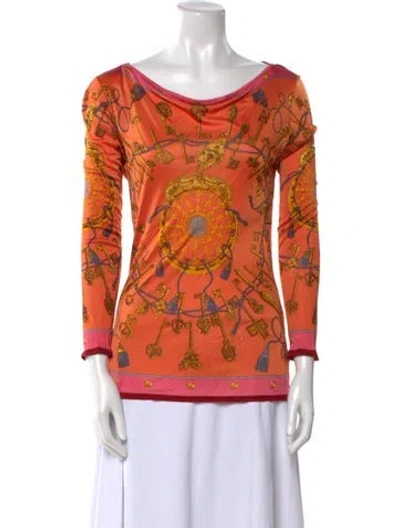 Pre-owned Hermes Printed Bateau Neckline Top In Orange