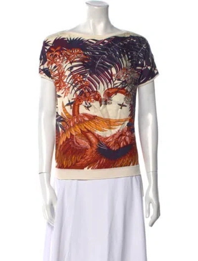 Pre-owned Hermes Printed Bateau Neckline T-shirt In White