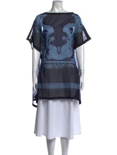 Pre-owned Hermes Printed Bateau Neckline Tunic W/ Tags In Blue