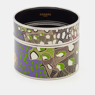 Pre-owned Hermes Hermès Printed Enamel Palladium Plated Set Of 2 Bangle Bracelet In Multi