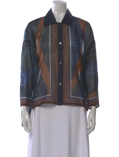 Pre-owned Hermes Printed Long Sleeve Blouse W/ Tags In Blue