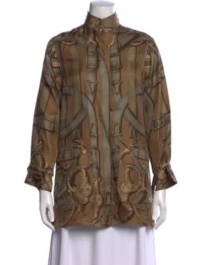 Pre-owned Hermes Printed Long Sleeve Top In Brown