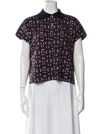 Pre-owned Hermes Printed Mock Neck Blouse In Blue