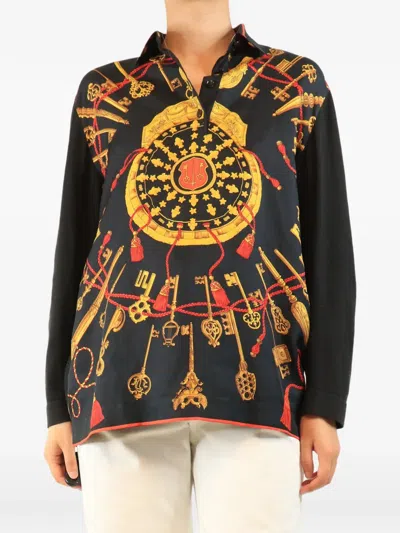 Pre-owned Hermes Printed Silk Polo Top In Black