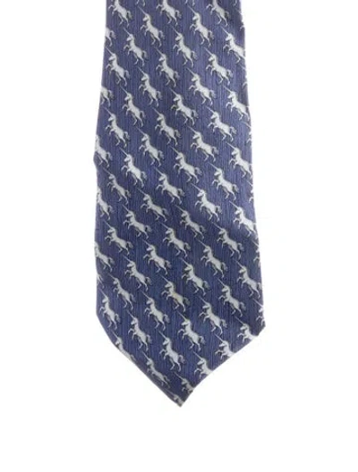 Pre-owned Hermes Printed Silk Tie In Blue