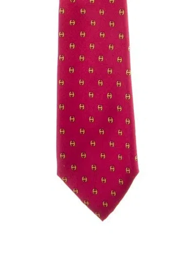Pre-owned Hermes Printed Silk Tie In Burgundy