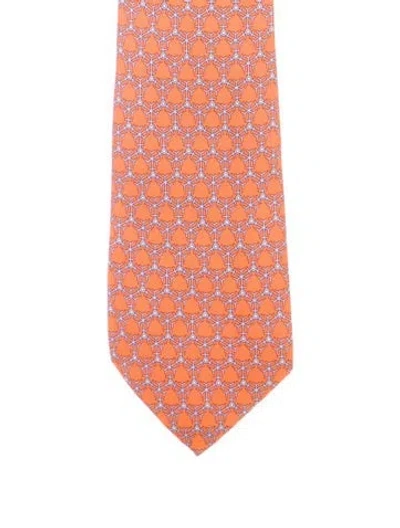 Pre-owned Hermes Printed Silk Tie In Orange