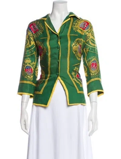 Pre-owned Hermes Printed Three-quarter Sleeve Button-up Top In Green