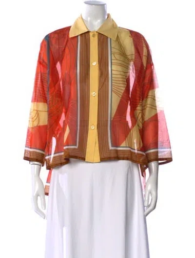 Pre-owned Hermes Printed Three-quarter Sleeve Button-up Top In Orange
