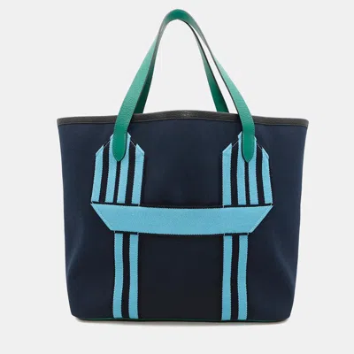 Pre-owned Hermes Pur Sangle Marine/vert Vertigo Toile Military Taurillon Clemence Sangle Woolie Tote Bag In Blue