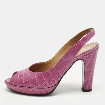 Pre-owned Hermes Purple Crocodile Leather Peep Toe Slingback Pumps Size 37