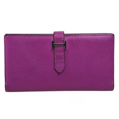 Pre-owned Hermes Purple Leather Long Wallet (bi-fold) ()