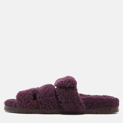 Pre-owned Hermes Purple Shearling Chypre Flat Slides Size 37