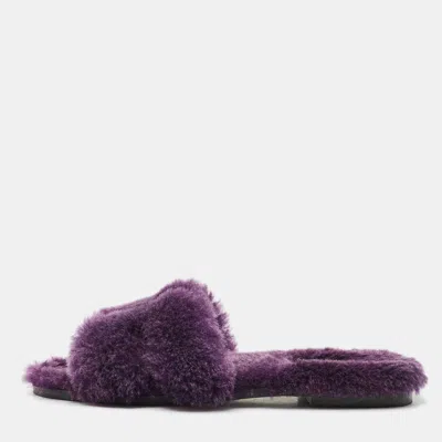 Pre-owned Hermes Purple Shearling Fur Oran Flat Sandals Size 38 In Black