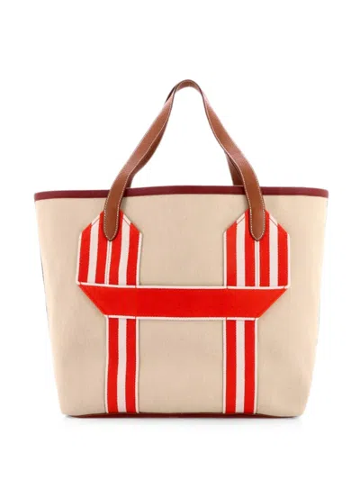 Pre-owned Hermes Pursangle Canvas With Leather Tote Bag In Neutral