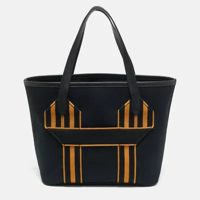 Pre-owned Hermes Pursangle Mm Noir/caramel Militaire Toile And Taurillon Clemence Leather Tote In Black