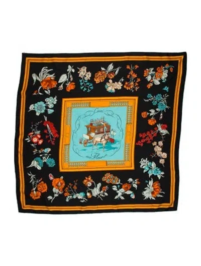 Pre-owned Hermes Quai Aux Fleurs Silk Scarf In Black