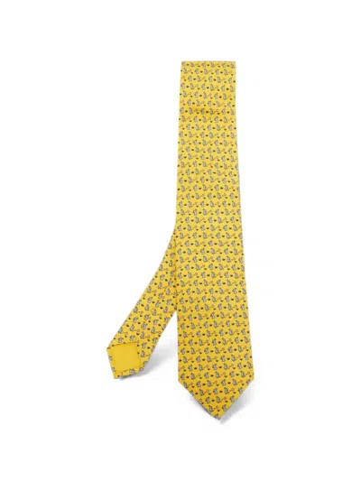 Pre-owned Hermes Rabbit Soccer Print Tie In Yellow