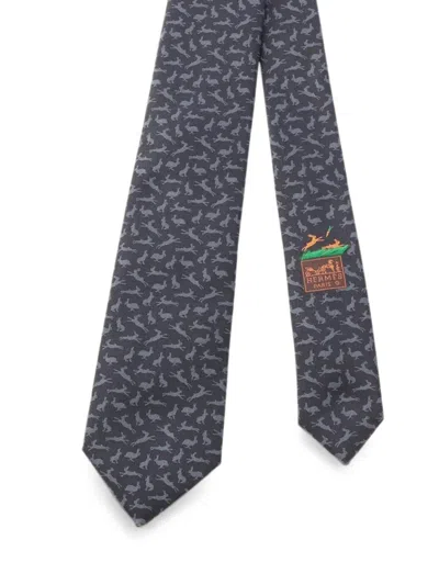 Pre-owned Hermes Rabbit-pattern Tie In Blue