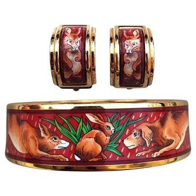 Pre-owned Hermes Hermès Rabbits Dogs Print Enamel Matching Bracelet Earrings Gold Hdw Size 70 In Multi