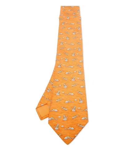 Pre-owned Hermes Raccoon-print Silk Tie In Orange