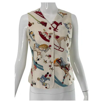 Pre-owned Hermes "raconte-moi Le Cheval" Rocking Horse Silk Twill Women's Vest In Gray